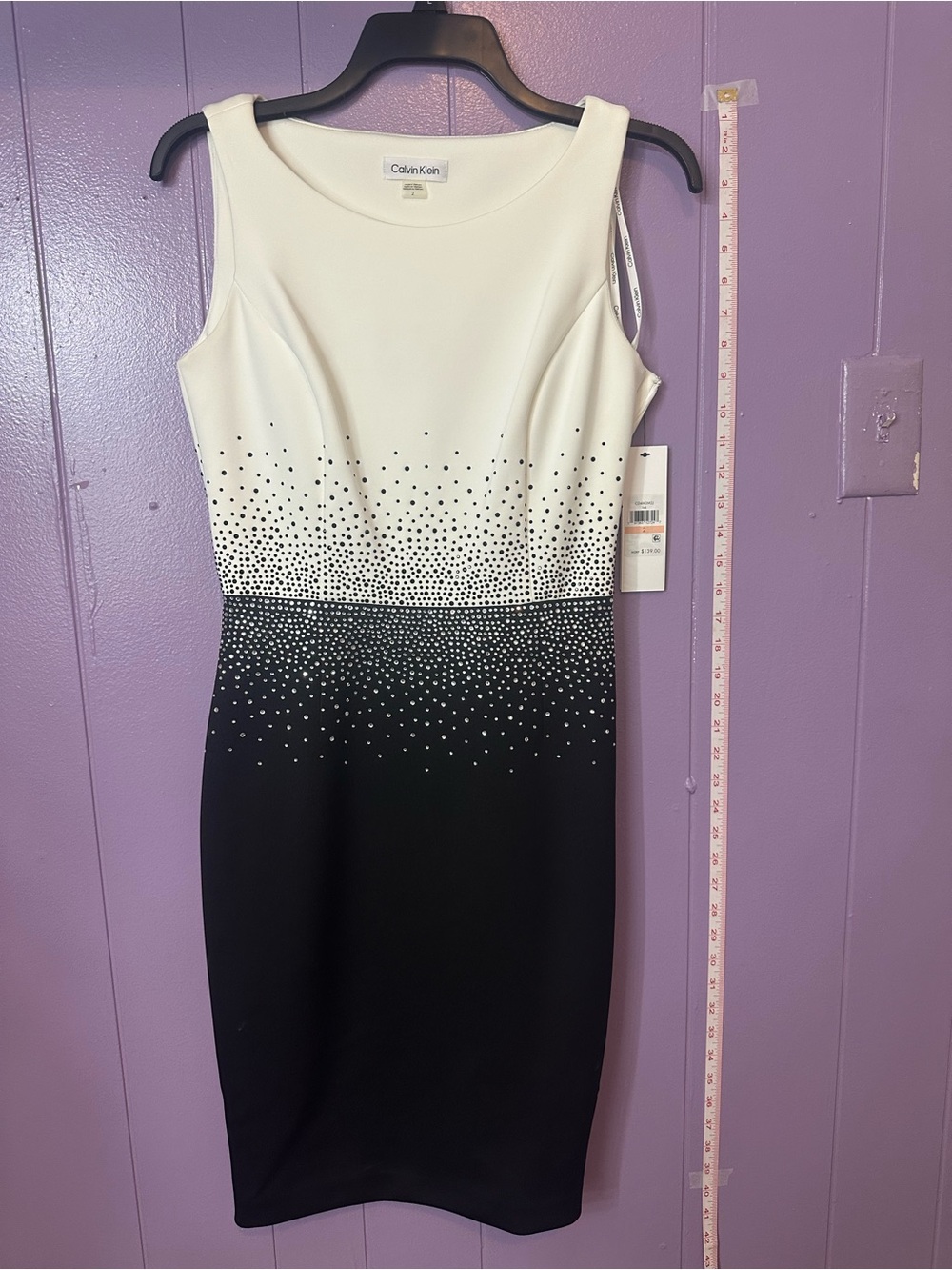 Calvin Klein Black and White Sleeveless Sheath Dress with Ombre Dot Detail